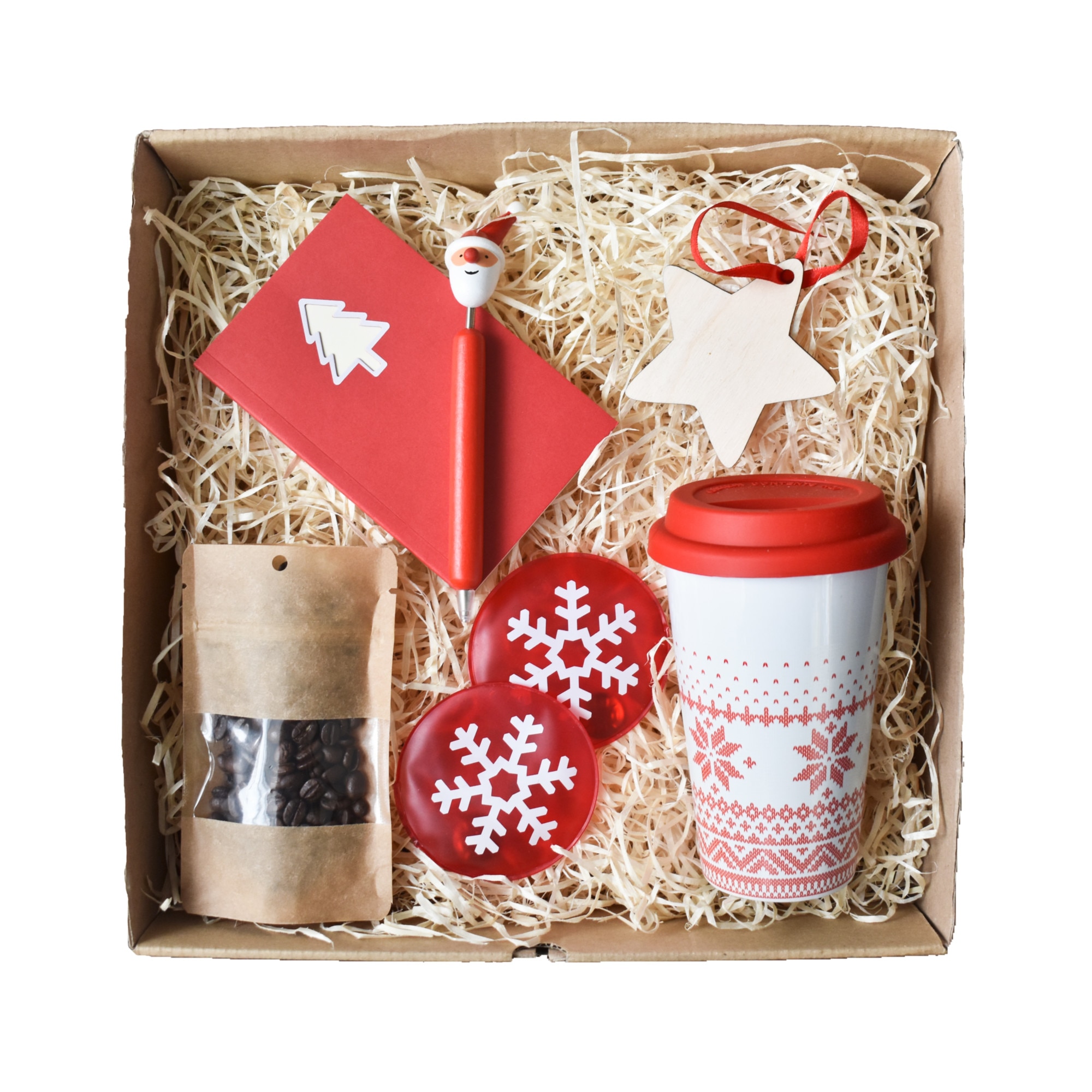 Set cadou, GiftBox Coffe-Lover ce continte Pahar termic din ceramica 400ml , mino-Agenda, Pix Mos-Craciun, incalzitoare pentru maini reutilizabile, ornament brad si Pliculet Cafea Arabica, impachetate in cutie de cadou Kraft cu umplutura din lana de lemn