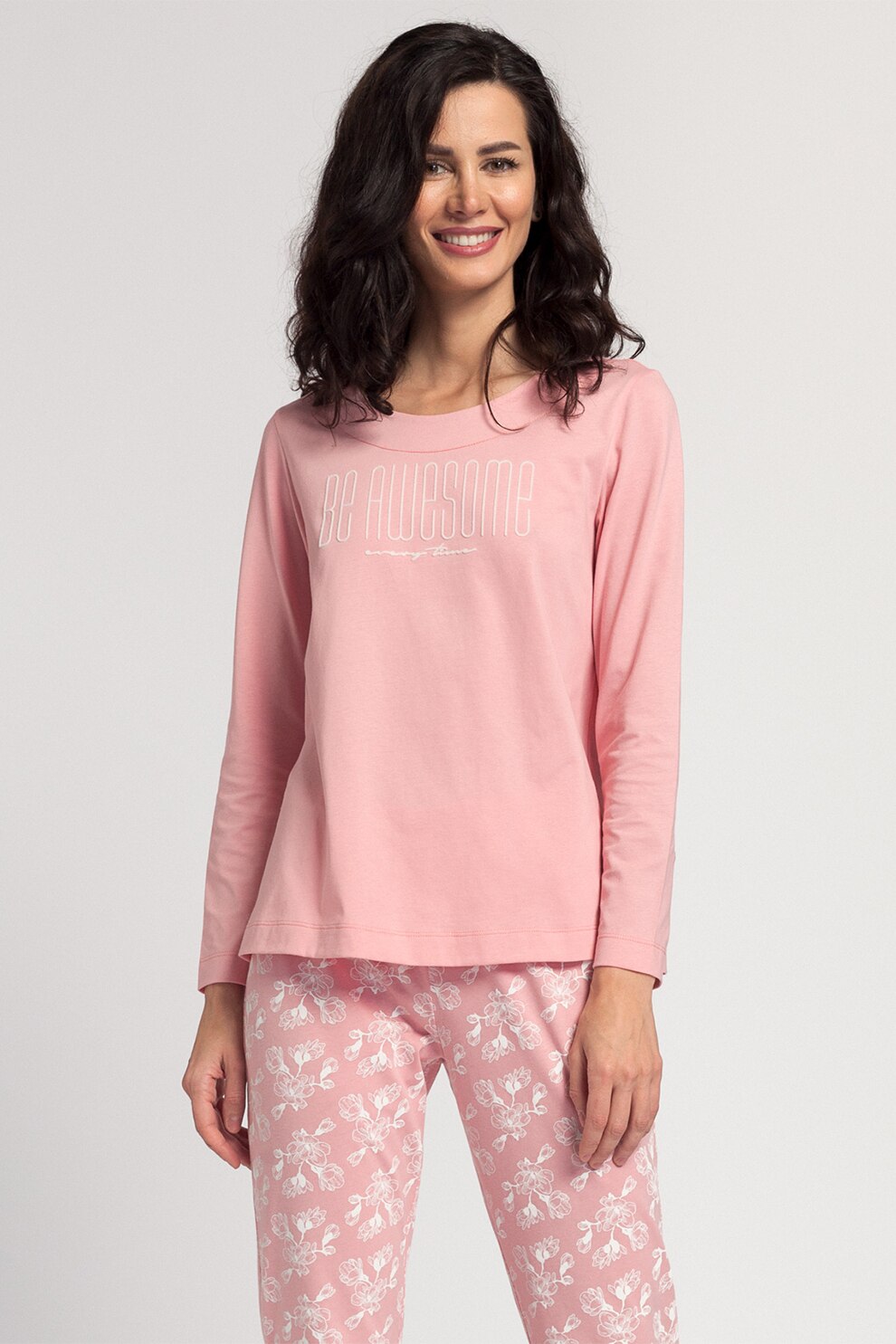 Sofiaman, Pijama de bumbac organic cu imprimeu cu text si flori, Roz