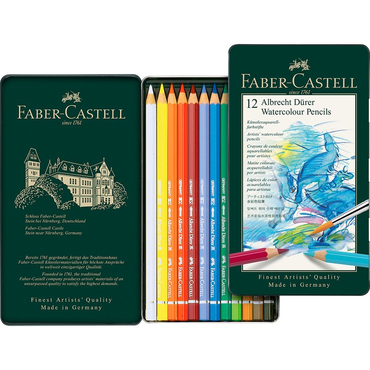 Creioane colorate acuarela Faber-Castell Albrecht Durer 12 culori, cutie metal