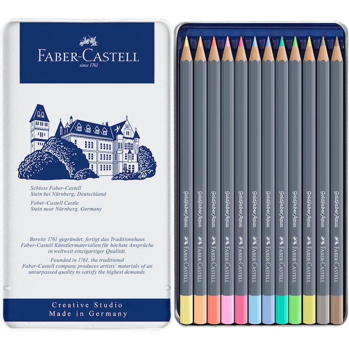 Faber-Castell Goldfaber Aquarelle színes ceruzák 12 pasztell színben, fém dobozban
