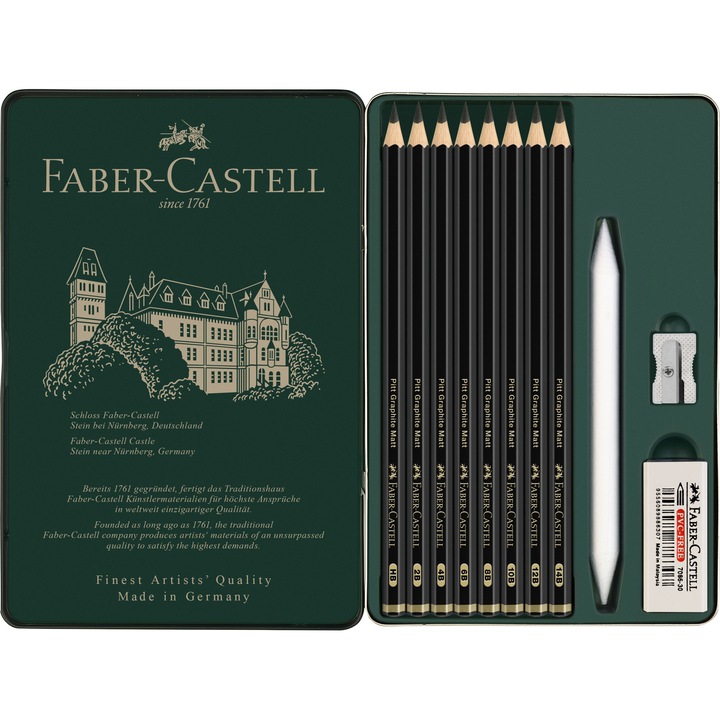 Creion grafit Faber-Castell Pitt Mat 11 buc/set, cutie metal