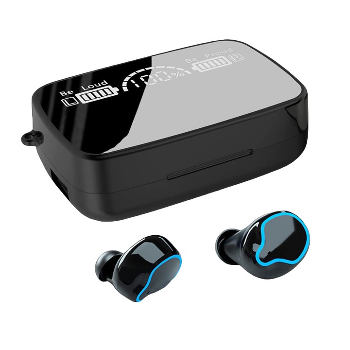 SIKS®, TWS, Bluetooth V 5.1 vezeték nélküli fülhallgató, fekete, LED kijelzővel és zseblámpával