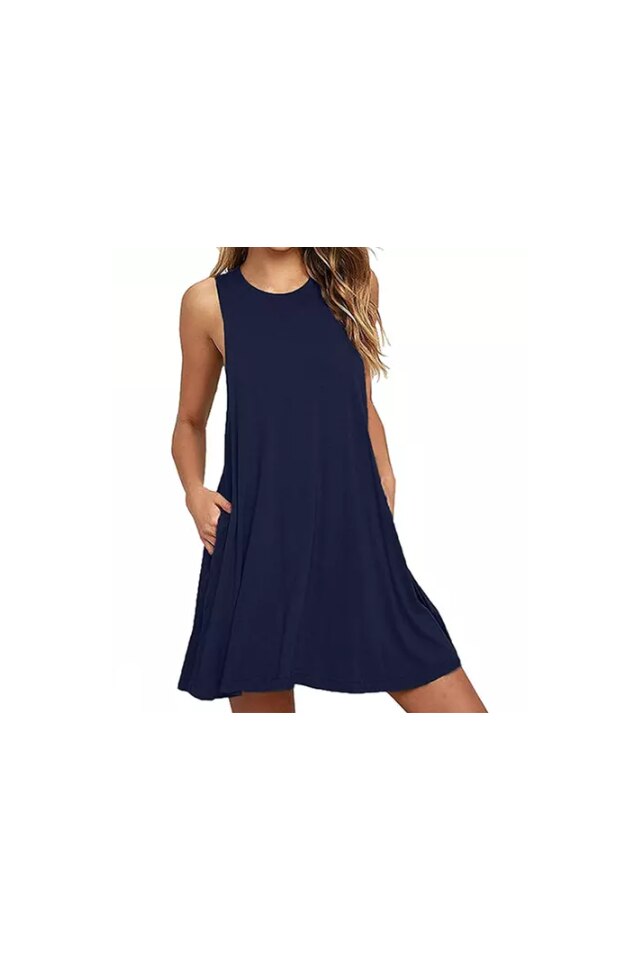 Rochie Dama Scurta Fara Maneci cu Buzunare, Albastru XL