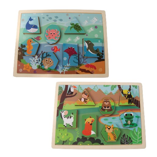 Puzzle incastru din lemn cu 2 fete, 7 piese cu animale, multicolor, Magni Danish Toys