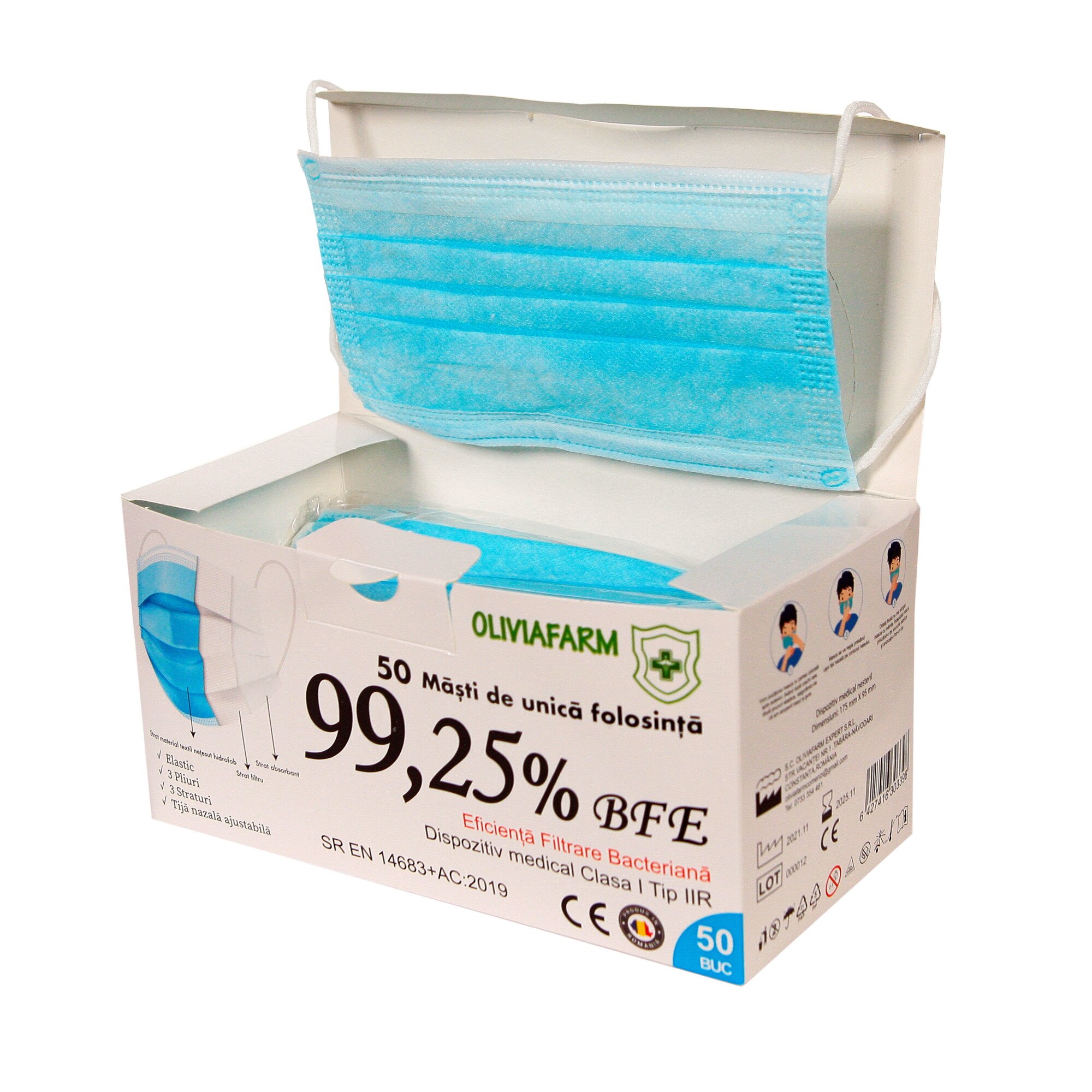 Set 50 bucati masti de protectie de uz medical tip II Olivia Farm albastre