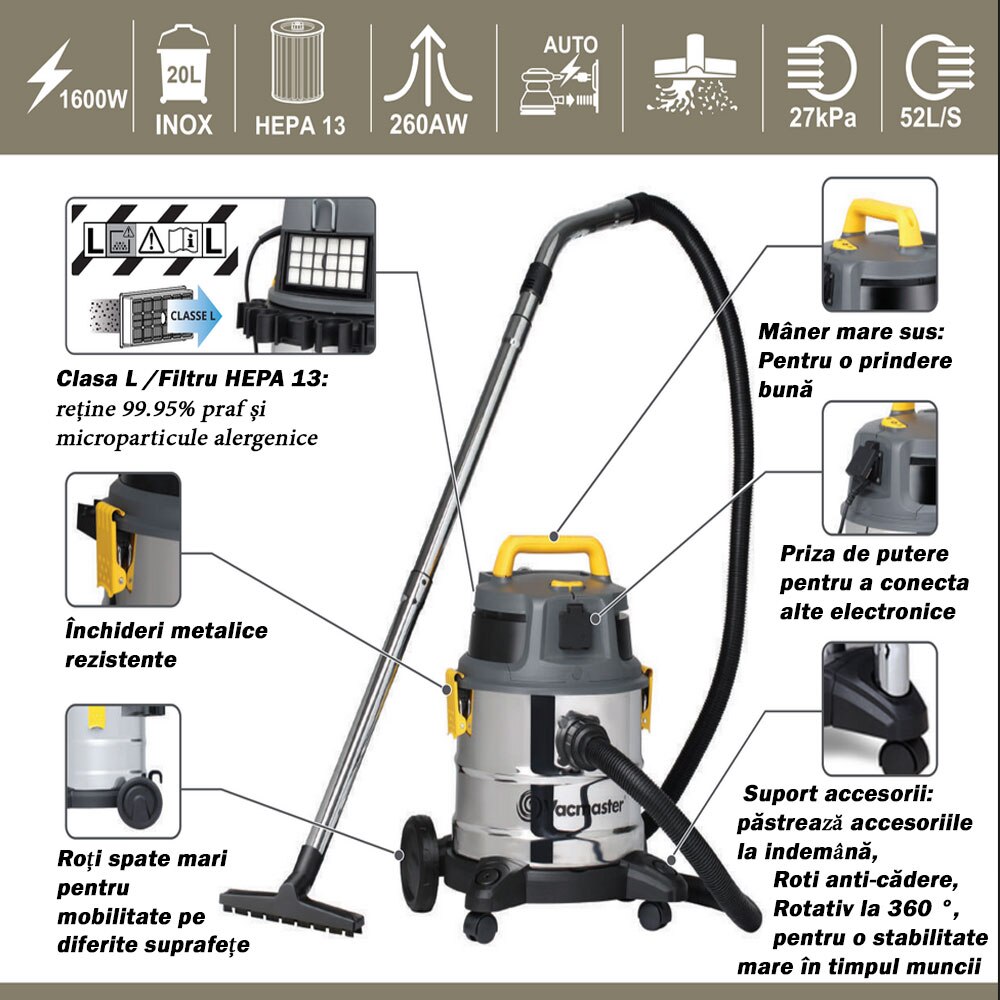 Aspirator profesional Vacmaster 1600W 20L Inox Filtrare Hepa