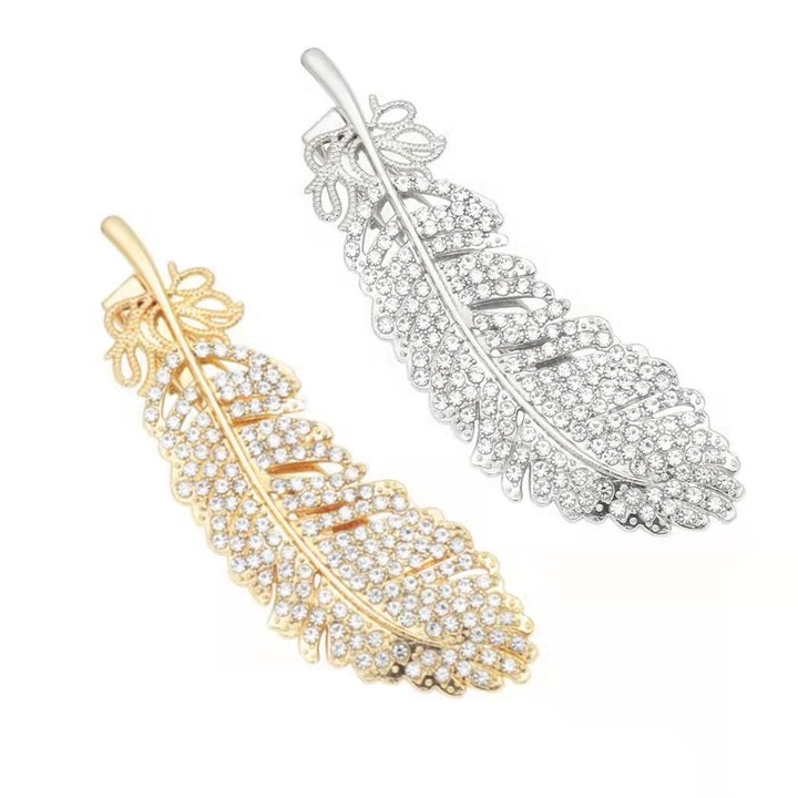 Nevermore hajcsat készlet, kis kristályokkal, toll alakú, hossza 7 cm, 2 db