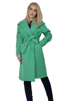 Palton stofa neelastica Stacy, cu gluga si cordon detasabil, Verde, S-M-L