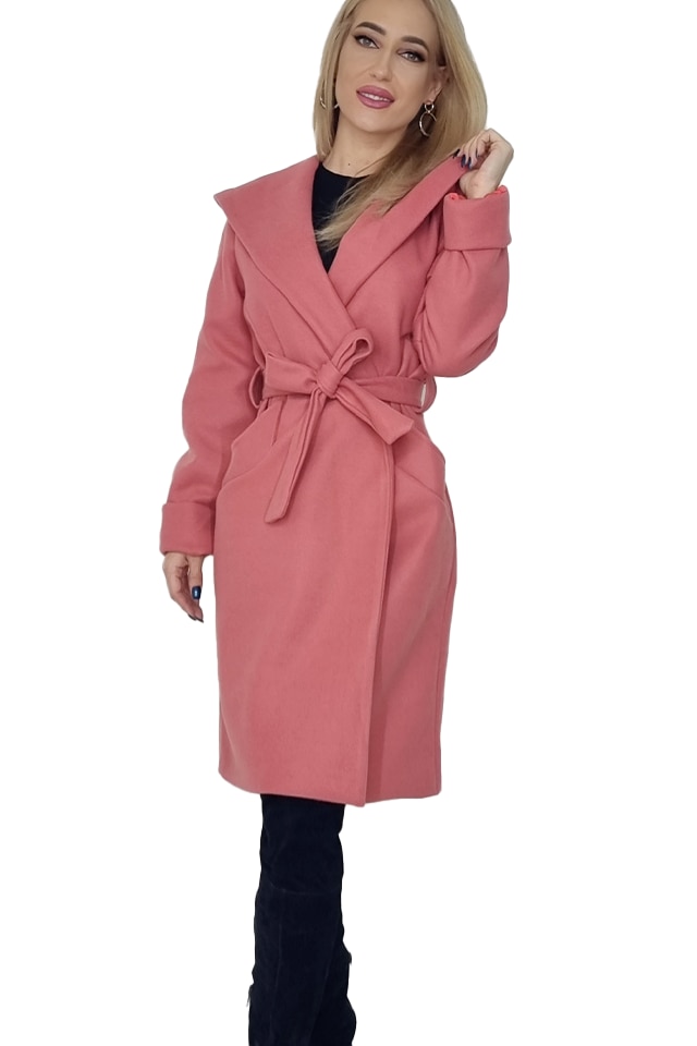 Palton stofa neelastica Stacy, cu gluga si cordon detasabil, Roz, S-M-L