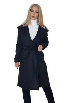 Palton stofa neelastica Stacy, cu gluga si cordon detasabil, Negru, S-M-L Palton stofa neelastica Stacy, cu gluga si cordon detasabil, Negru, S-M-L