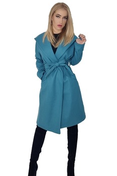 Palton stofa neelastica Stacy, cu gluga si cordon detasabil, Albastru, S-M-L