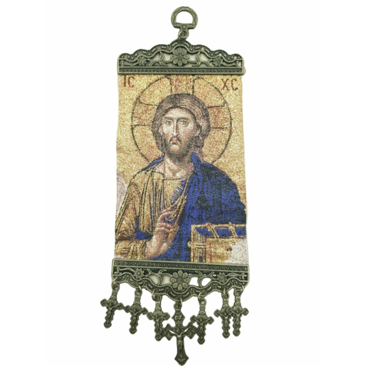 Ahelos ikon, gépi szövésű, Krisztus, 23X10 CM