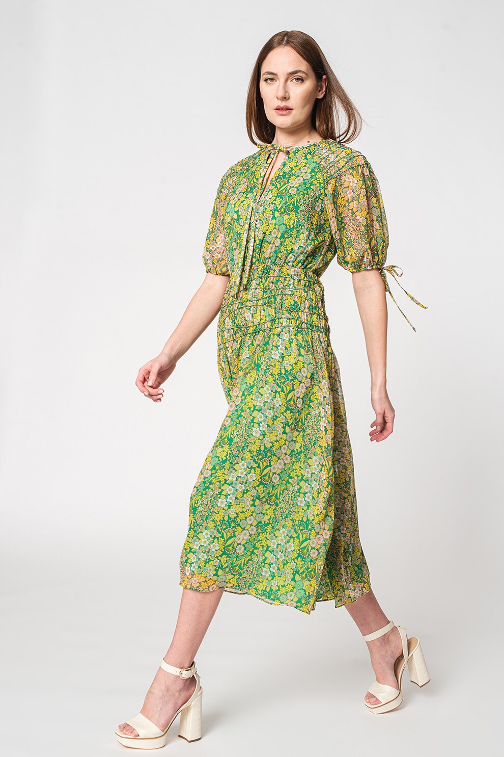 Ted Baker, Rochie evazata cu model floral Ursille, Verde, Galben, 3 -  eMAG.ro