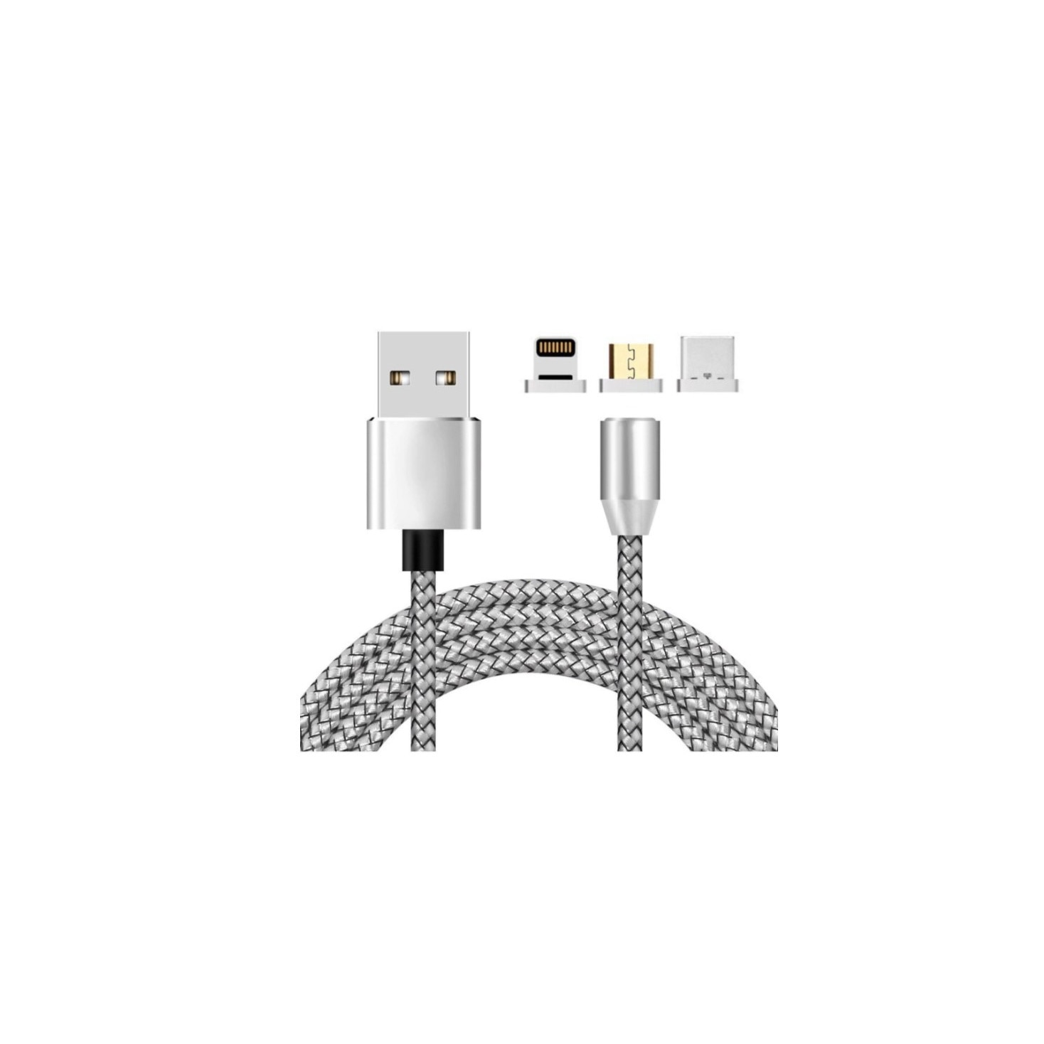 Cablu de date Magnetic 3 in 1, USB la Lightning, Micro USB, Type-C, ranforsat, Gri