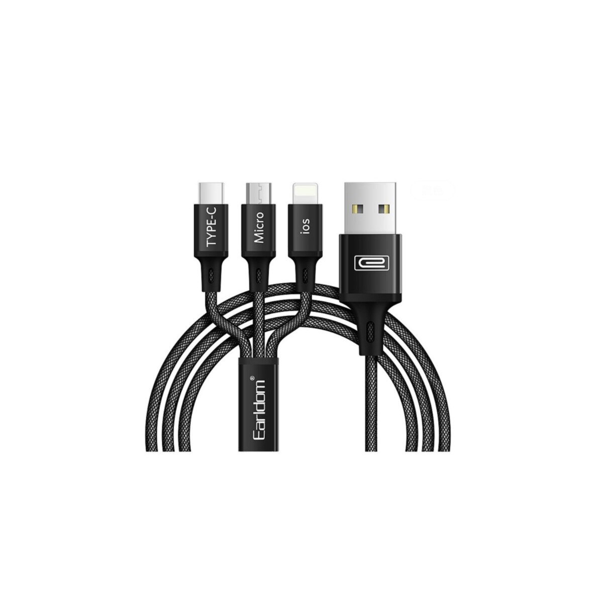 Cablu de date 3 in 1, USB la Lightning, Micro USB, Type-C, ranforsat, Negru
