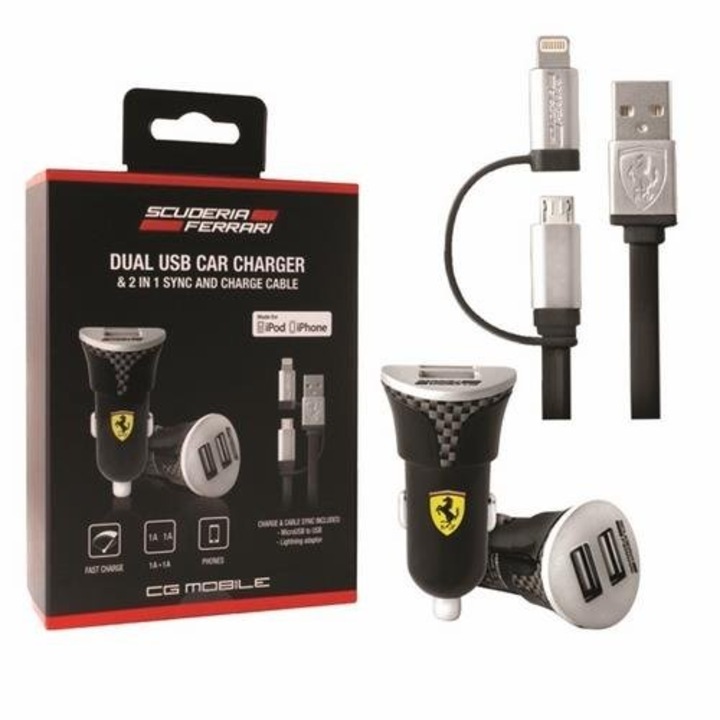 Incarcator auto 2in1 Ferrari FEBCCCBUNBK, lightning / micro USB, 2.1A, Negru