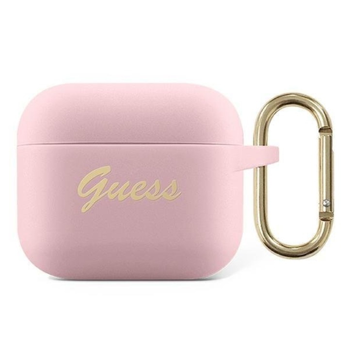 Carcasa Guess GUA3SSSI Silicone Vintage Script compatibila cu Apple AirPods 3 Roz