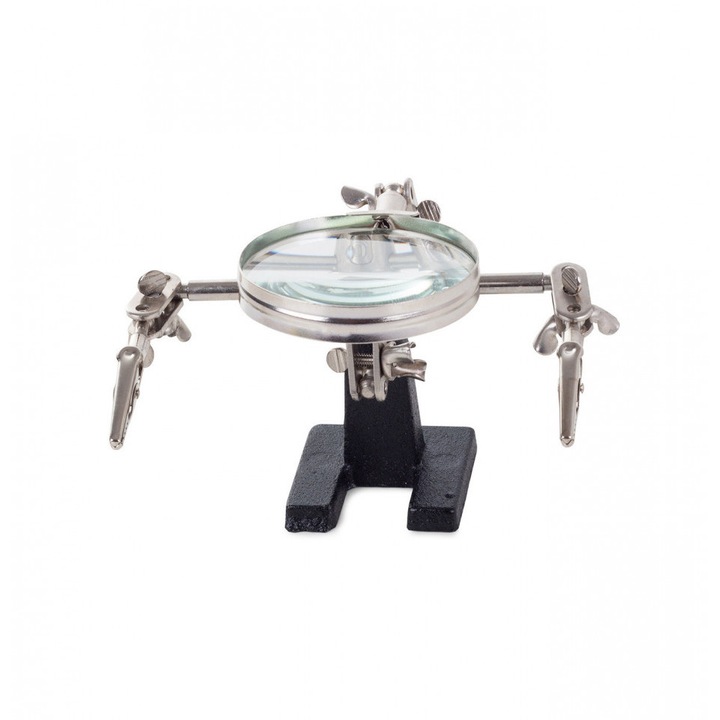 Suport ajutator pentru electronica fina, lupa din sticla si suport din metal brut