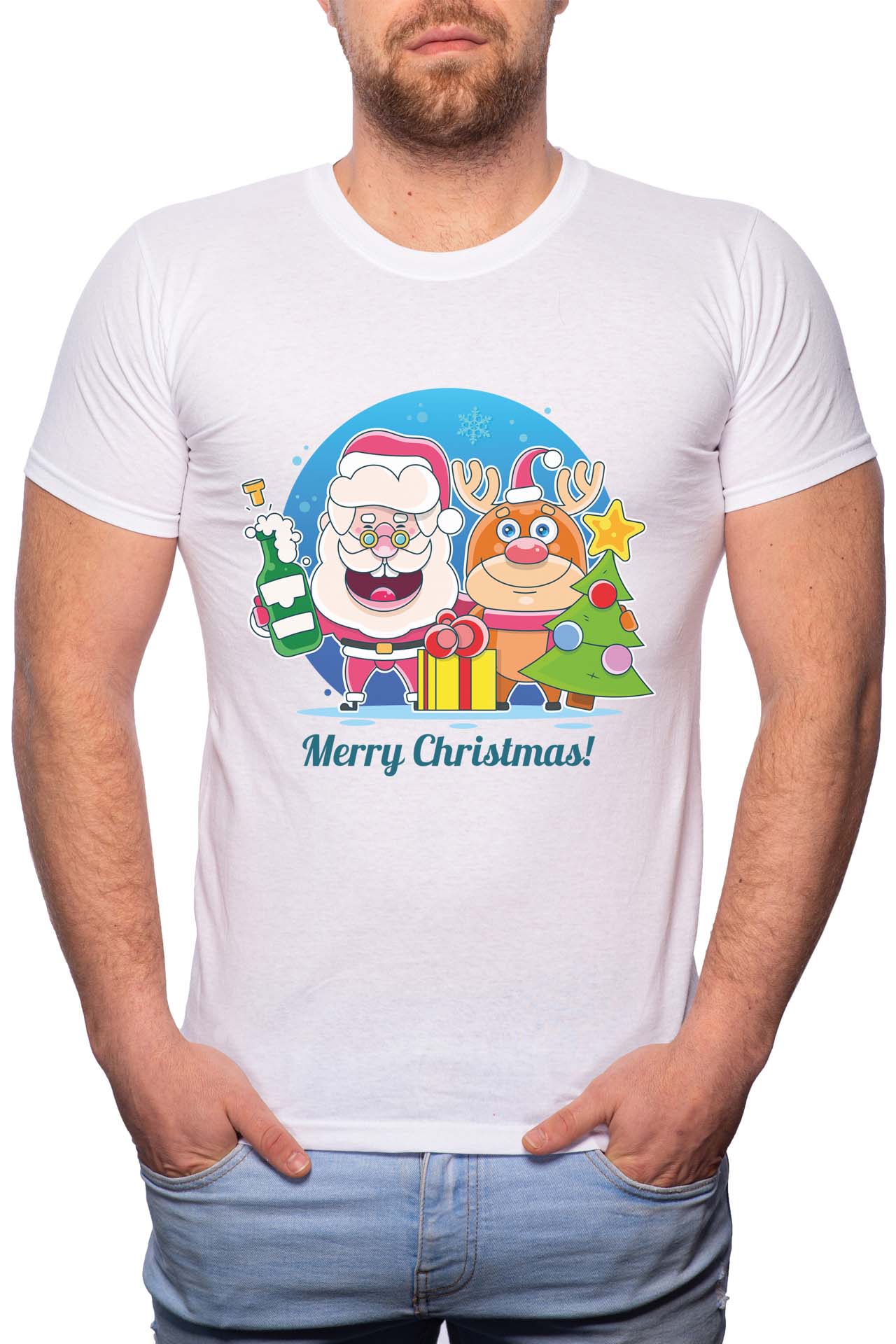 Tricou barbati, Santa And Rudolph, 100% Bumbac, W356, Alb
