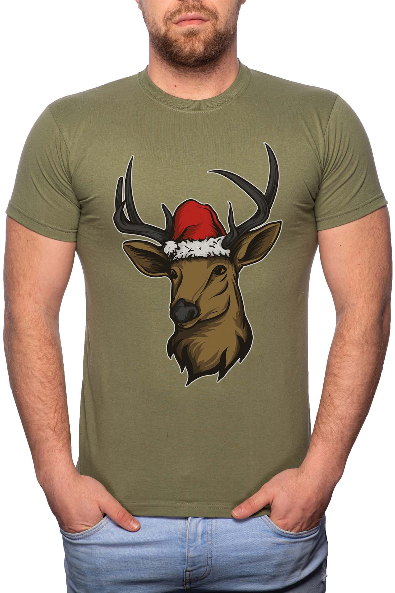 Tricou barbati, Christmas Deer, 100% Bumbac, G357, Verde militar