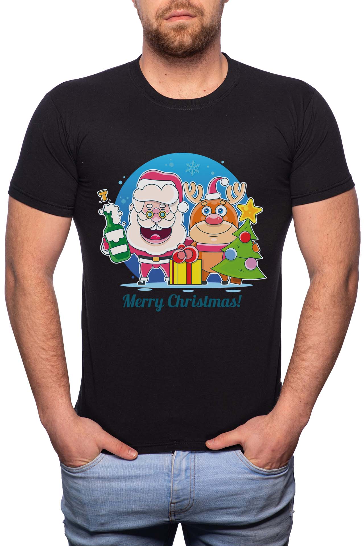 Tricou barbati, Santa And Rudolph, 100% Bumbac, W356, Negru