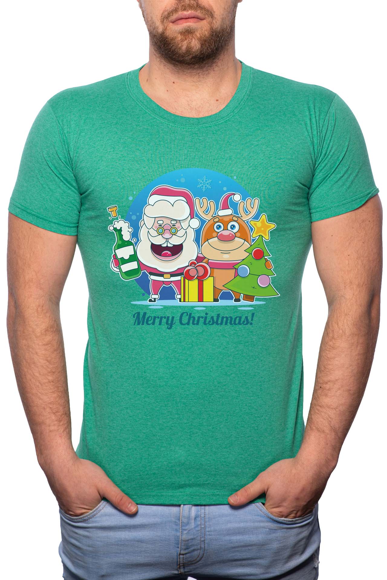 Tricou barbati, Santa And Rudolph, 100% Bumbac, W356, Verde