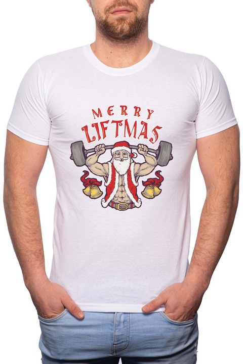 Merry Liftmas, Normál fazonú feliratos férfi poló, 100% Pamut, GR359, Fehér