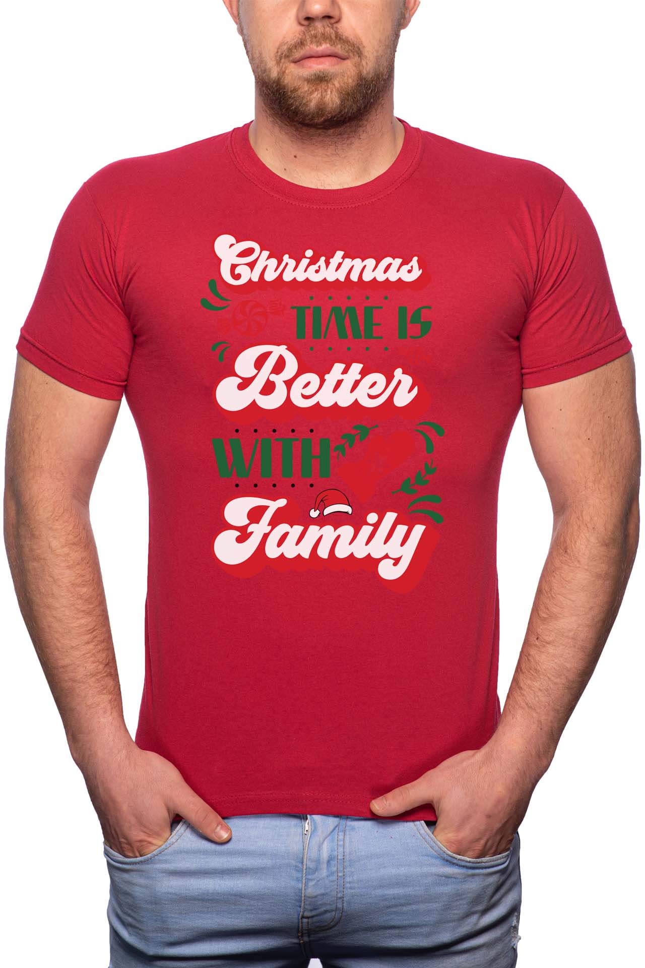 Tricou barbati, Christmas Time Is Better With Family, 100% Bumbac, W362, Rosu Bordeaux