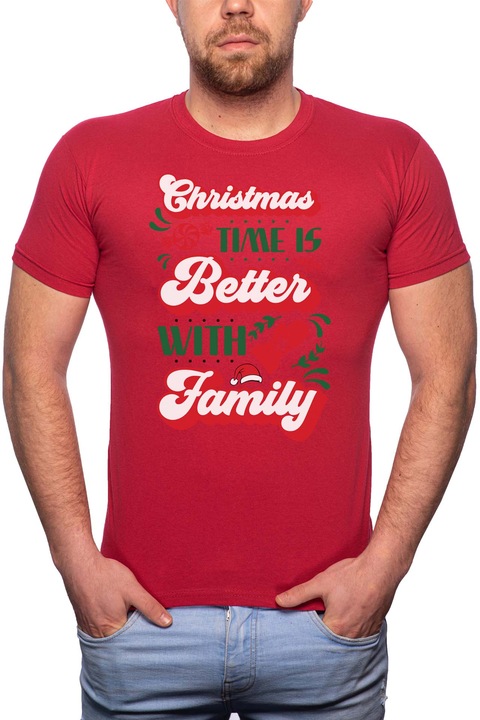 Christmas Time Is Better With Family, Normál fazonú feliratos férfi poló, 100% Pamut, GR362, Piros