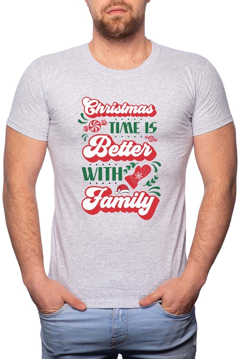 Christmas Time Is Better With Family, Normál fazonú feliratos férfi poló, 100% Pamut, GR362, Szürke