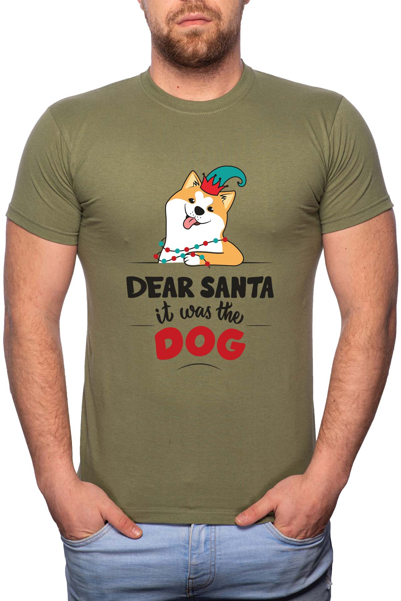 Tricou barbati, Ho Ho Ho Merry Christmas, 100% Bumbac, W360, Verde militar
