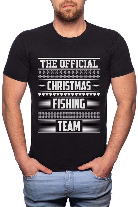 Christmas Fishing Team, Normál fazonú feliratos férfi poló, 100% Pamut, GR377, Fekete