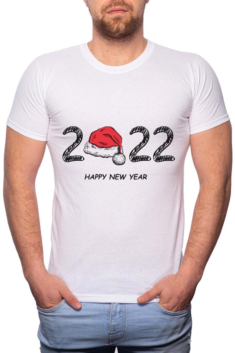 Happy New Year 2022, Normál fazonú feliratos férfi poló, 100% Pamut, GR381, Fehér