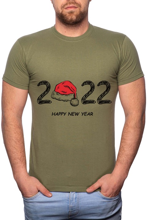 Happy New Year 2022, Normál fazonú feliratos férfi poló, 100% Pamut, GR381, Khaki
