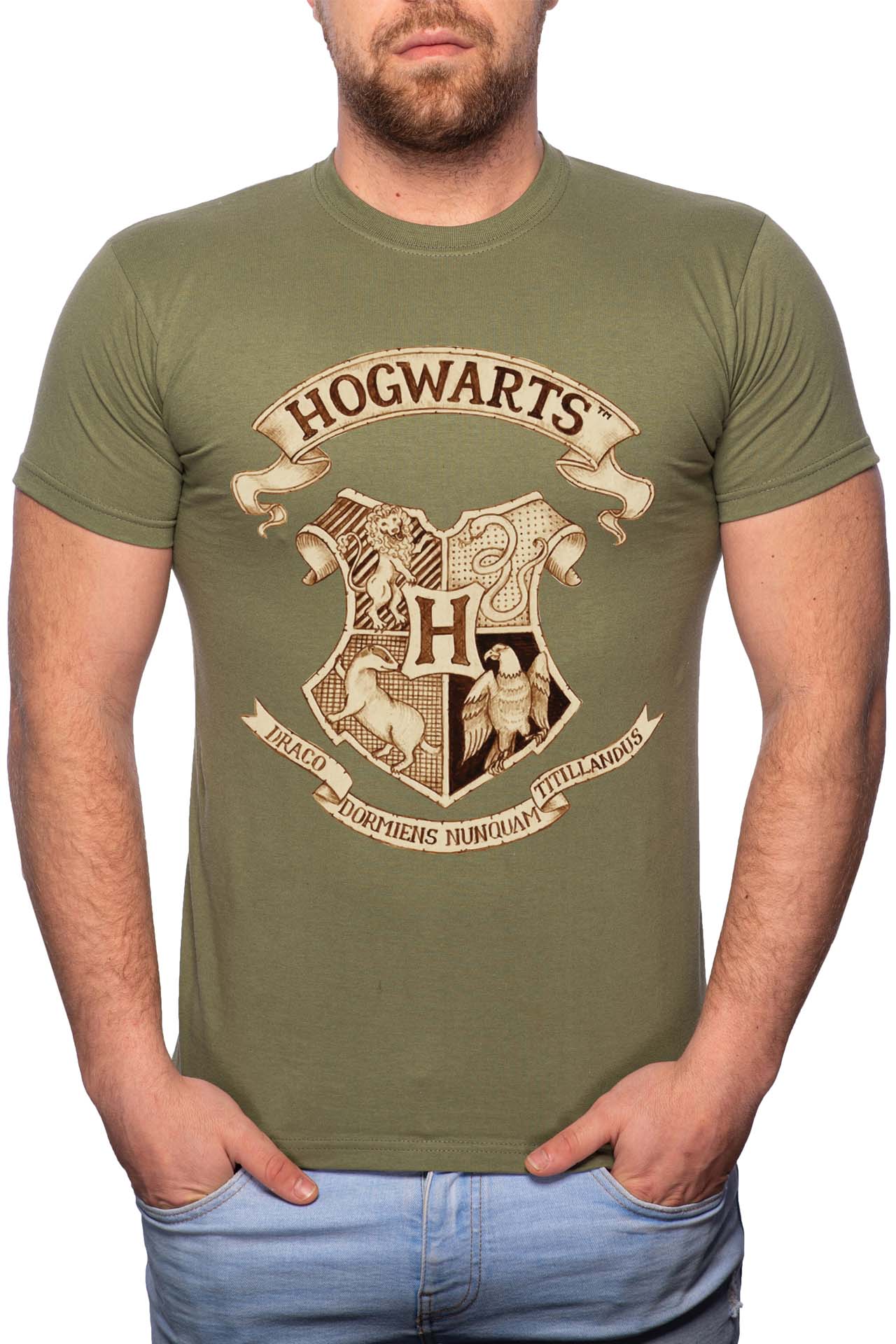 Tricou barbati, Harry Potter Hogwarts, 100% Bumbac, W385, Verde militar