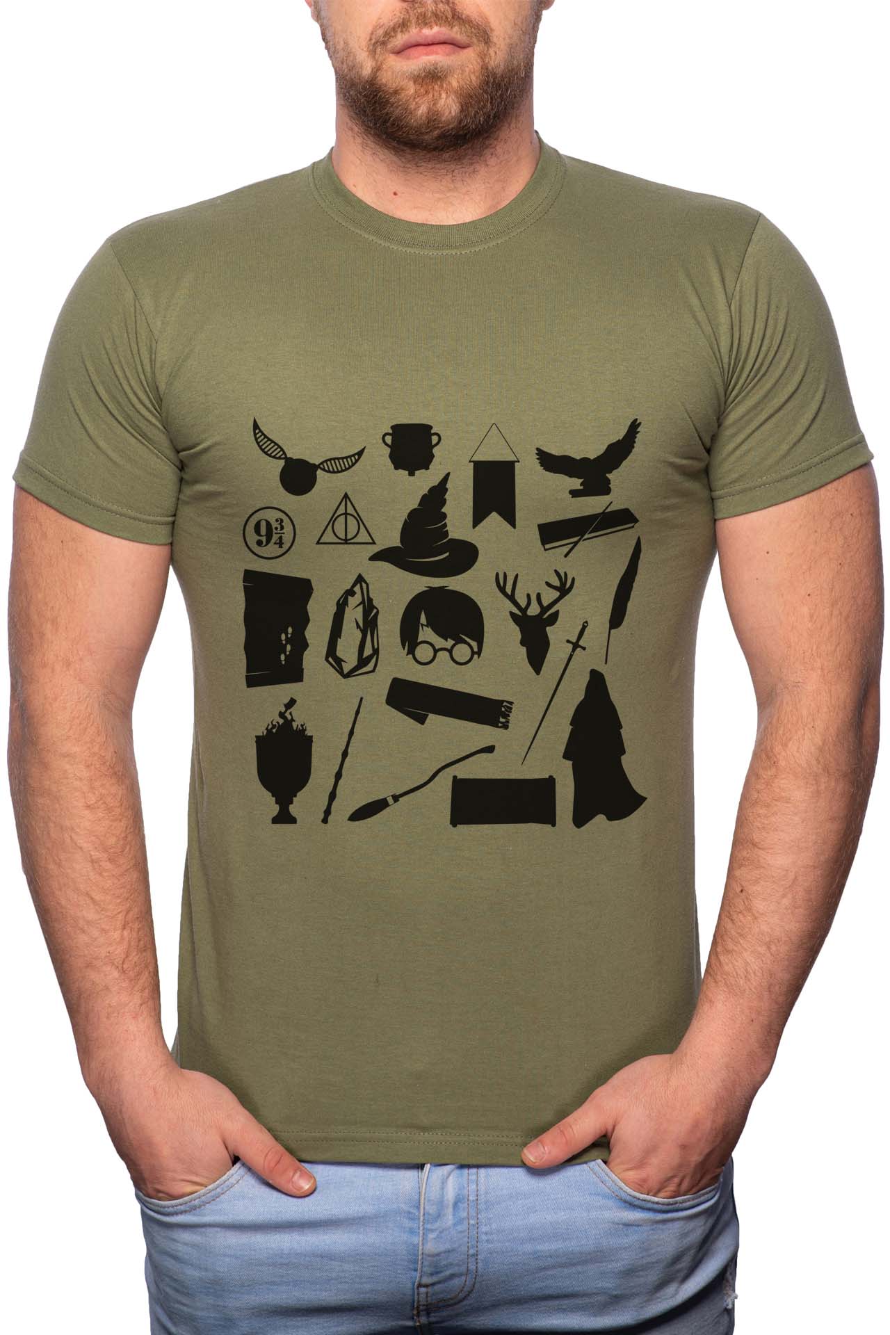 Tricou barbati, Harry Potter Symbols, 100% Bumbac, W399, Verde militar