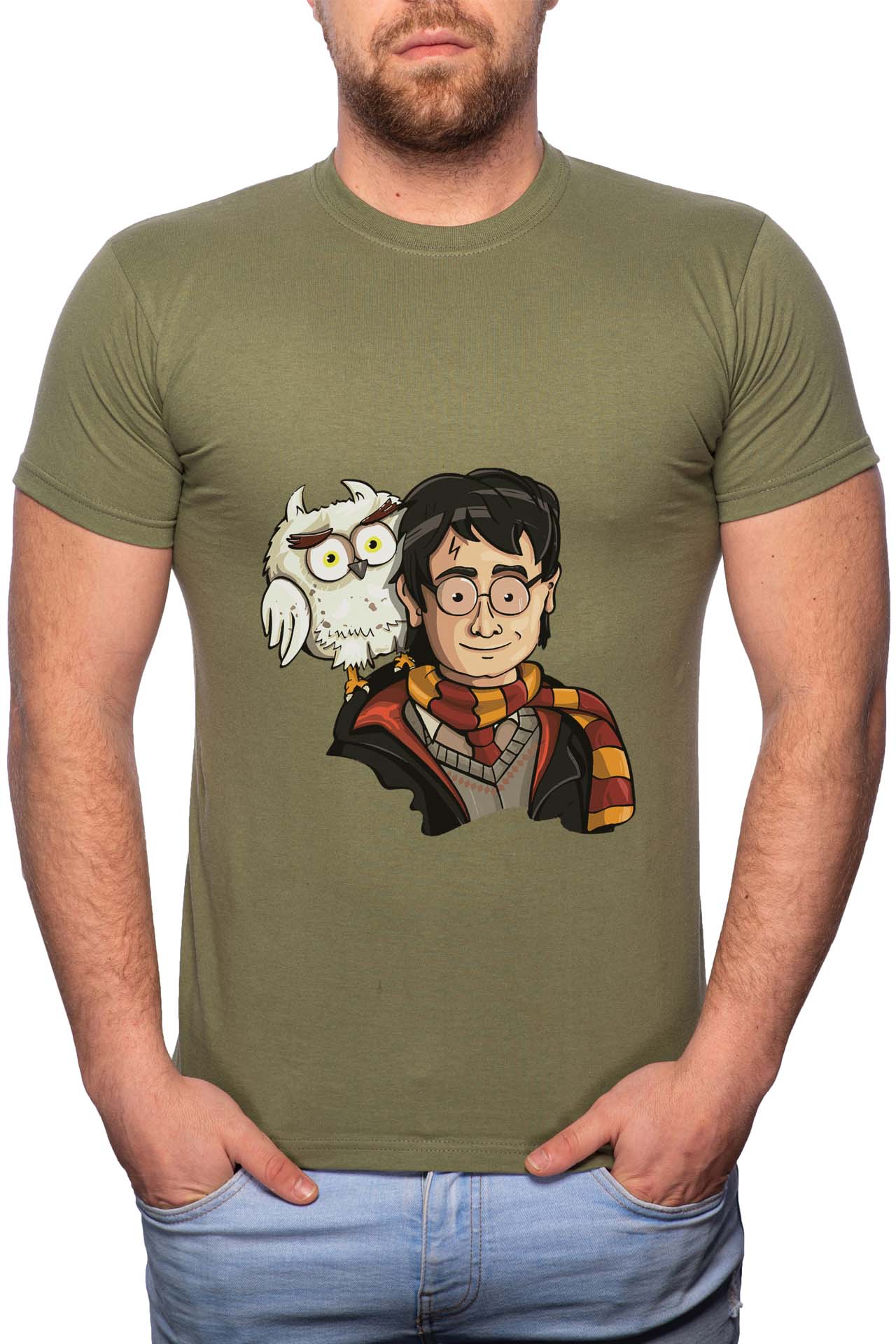Tricou barbati, Harry Potter Hogwarts, 100% Bumbac, W401, Verde militar
