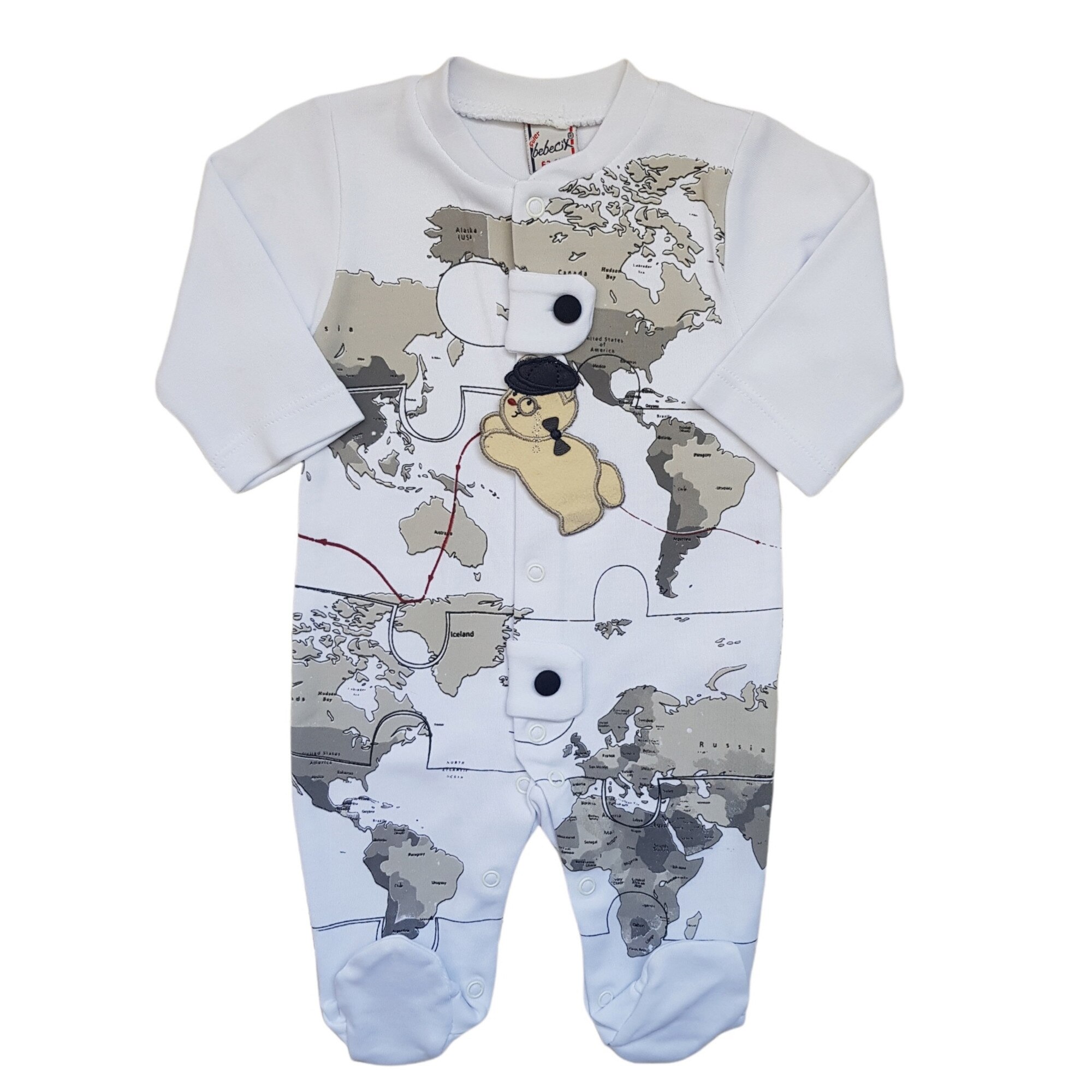 Salopeta baieti cu botosei de bumbac, Harta lumii, varsta 3-6 luni, 68 cm, Alb/Gri