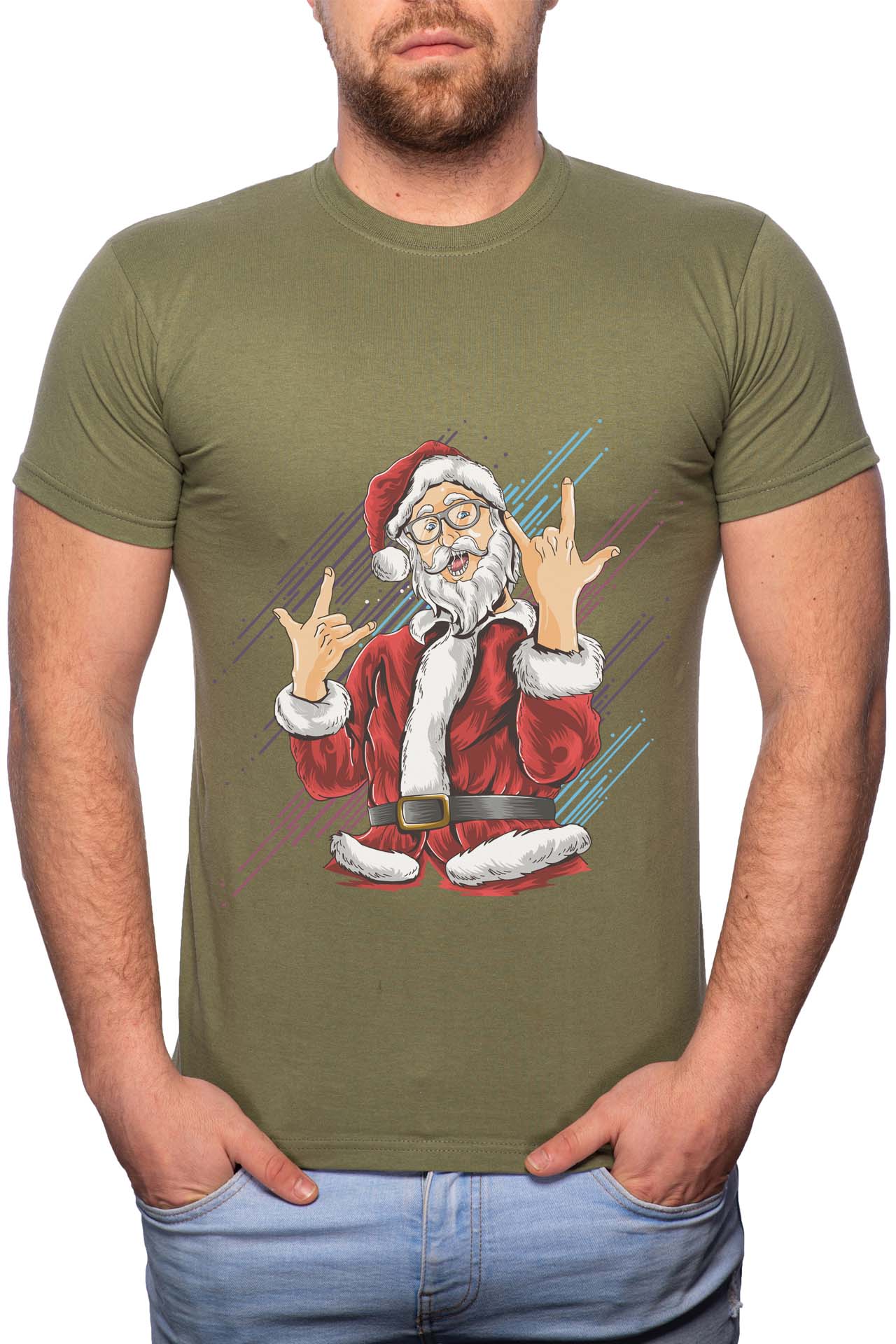 Tricou barbati, Rock And Rola Santa, 100% Bumbac, W364, Verde militar