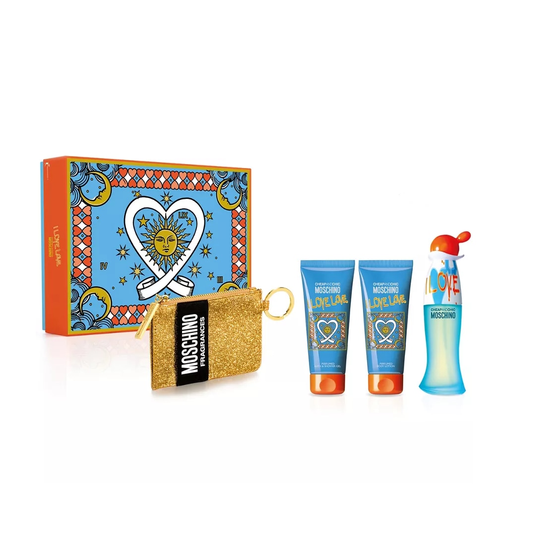 Set moschino i love love, edt 100 ml, body lotion 100ml, shower gel 100, geanta cadou