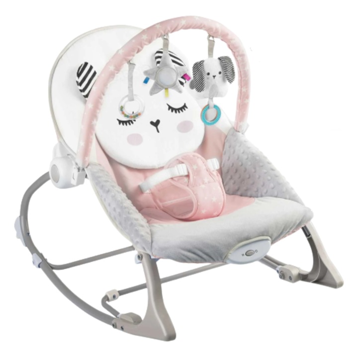 Balansoar multifunctional DacEnergy©, cadru metalic, cu vibratii, centura de siguranta, reglabil spatarul, 0-18 kg, bara jucarii, forma de pisica, roz