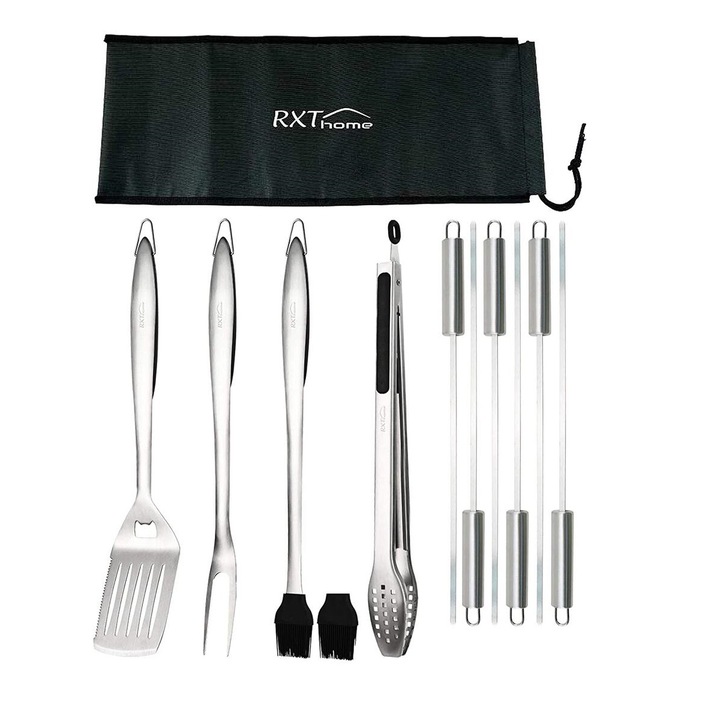 Set 11 ustensile gratar cu sac de depozitare, RXTHOME, Otel inoxidabil, Lungime 45 cm, Argintiu