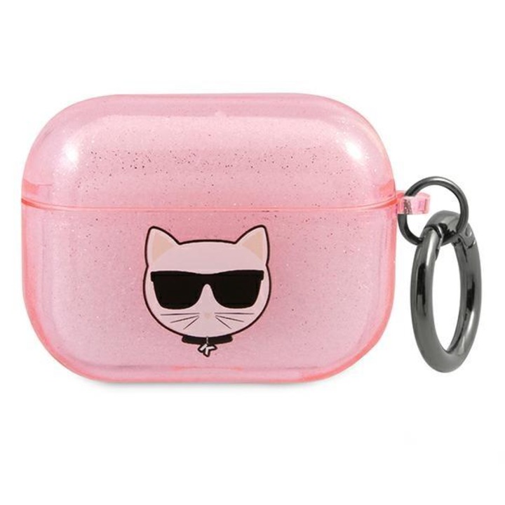 AirPods 3 kompatibilis tok, Karl Lagerfeld, KLA3UCHGDP, Glitter Choupette Collection, rózsaszín, fémgyűrű