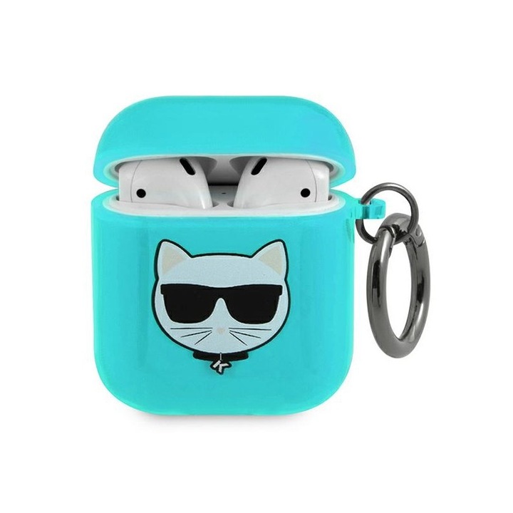 Husa Protectie Karl Lagerfeld Compatibila Cu Airpods 1/2, Colectia Choupette, Silicon, Albastru - 9009250