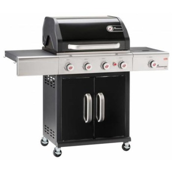 Gratar pe gaz, suprafata de gatire emailata, 65 x 44 cm, 4 arzatoare si unul lateral, 3,5 kw, termometru in capac, tava colectare grasime, negru Gratar pe gaz, suprafata de gatire emailata, 65 x 44 cm, 4 arzatoare si unul lateral, 3,5 kw, termometru in capac, tava colectare grasime, negru
