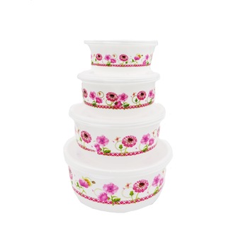 Set 4 boluri plastic, cu capac, model rotund floral roz Set 4 boluri plastic, cu capac, model rotund floral roz