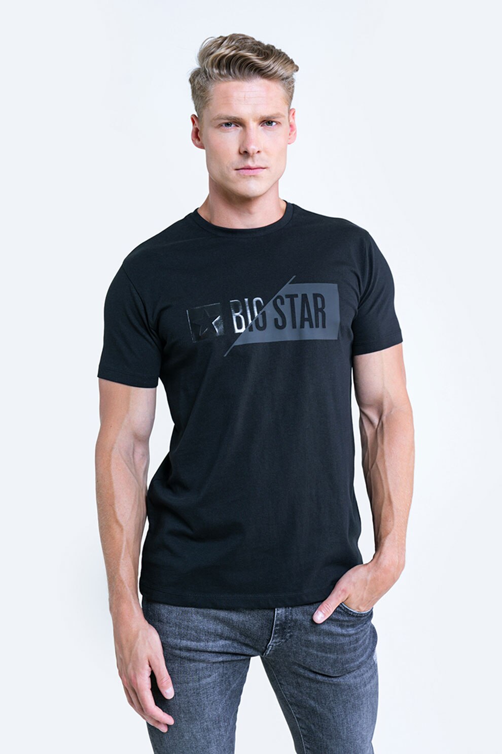 Big Star, Tricou cu decolteu la baza gatului si imprimeu logo, Negru