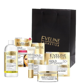 Ser Eveline Cosmetics Gold Lift Expert 50+, Crema dantirid 50 ml, Crema de ochi 20 ml, Apa micelara 500 ml, Masca Ser Eveline Cosmetics Gold Lift Expert 50+, Crema dantirid 50 ml, Crema de ochi 20 ml, Apa micelara 500 ml, Masca