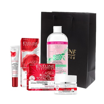 Set Eveline Cosmetics Laser Total Lift 50+, Crema de fata 50 ml, Crema de ochi 20 ml, Apa micelara 500 ml Set Eveline Cosmetics Laser Total Lift 50+, Crema de fata 50 ml, Crema de ochi 20 ml, Apa micelara 500 ml