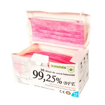 Set 50 bucati masti de protectie de uz medical tip II Olivia Farm Roz Set 50 bucati masti de protectie de uz medical tip II Olivia Farm Roz